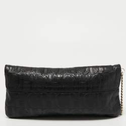 Pre Owned CH Carolina Herrera Black Monogram Embossed Leather Bow Chain Clutch 