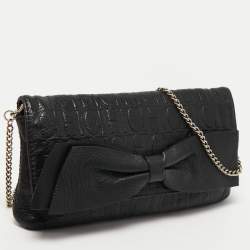 Pre Owned CH Carolina Herrera Black Monogram Embossed Leather Bow Chain Clutch