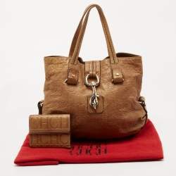 Pre Owned CH Carolina Herrera Beige Monogram Leather Hobo with Wallet
