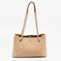 Pre Owned CH Carolina Herrera Beige Embossed Nubuck Leather Chain Tote