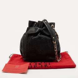 Pre Owned CH Carolina Herrera Black Embossed Leather Bow Bucket Bag