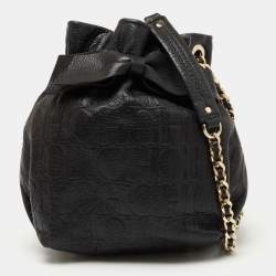Pre Owned CH Carolina Herrera Black Embossed Leather Bow Bucket Bag