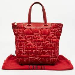 Pre Owned CH Carolina Herrera Embossed Stitch Nylon and Leather Zip Tote
