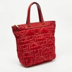Pre Owned CH Carolina Herrera Embossed Stitch Nylon and Leather Zip Tote