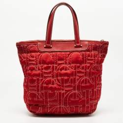 Pre Owned CH Carolina Herrera Embossed Stitch Nylon and Leather Zip Tote