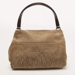 Pre Owned CH Carolina Herrera Beige Embossed Suede and Leather Flap Top Handle Bag