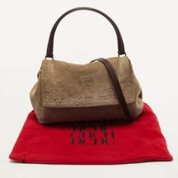 Pre Owned CH Carolina Herrera Beige Embossed Suede and Leather Flap Top Handle Bag