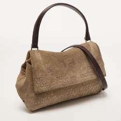 Pre Owned CH Carolina Herrera Beige Embossed Suede and Leather Flap Top Handle Bag