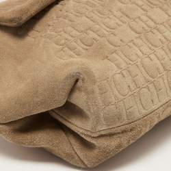 Pre Owned CH Carolina Herrera Beige Embossed Suede and Leather Flap Top Handle Bag