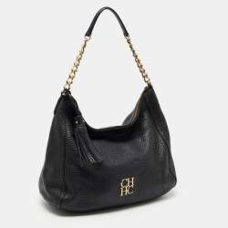 Pre Owned CH Carolina Herrera Black Leather Tassel Hobo
