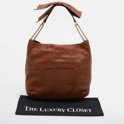 Pre Owned CH Carolina Herrera Brown Embossed Leather Chain Bow Hobo