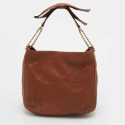 Pre Owned CH Carolina Herrera Brown Embossed Leather Chain Bow Hobo