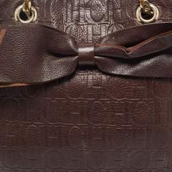 Pre Owned CH Carolina Herrera Brown Monogram Embossed Leather Bow New Anna Hobo