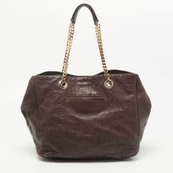 Pre Owned CH Carolina Herrera Brown Monogram Embossed Leather Bow New Anna Hobo