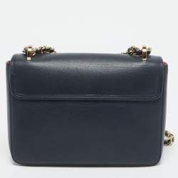 Pre Owned CH Carolina Herrera Navy Blue Leather Bow Flap Shoulder Bag 