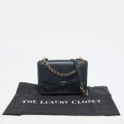 Pre Owned CH Carolina Herrera Navy Blue Leather Bow Flap Shoulder Bag 