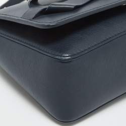 Pre Owned CH Carolina Herrera Navy Blue Leather Bow Flap Shoulder Bag 