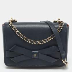 Pre Owned CH Carolina Herrera Navy Blue Leather Bow Flap Shoulder Bag 