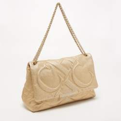 Pre Owned CH Carolina Herrera Gold Embossed Leather Metal Flap Shoulder Bag