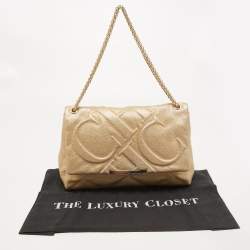 Pre Owned CH Carolina Herrera Gold Embossed Leather Metal Flap Shoulder Bag