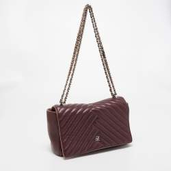 Pre Owned CH Carolina Herrera Burgundy Chevron Leather CH Logo Flap Shoulder Bag