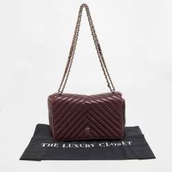 Pre Owned CH Carolina Herrera Burgundy Chevron Leather CH Logo Flap Shoulder Bag