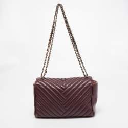 Pre Owned CH Carolina Herrera Burgundy Chevron Leather CH Logo Flap Shoulder Bag