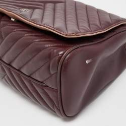 Pre Owned CH Carolina Herrera Burgundy Chevron Leather CH Logo Flap Shoulder Bag