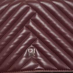 Pre Owned CH Carolina Herrera Burgundy Chevron Leather CH Logo Flap Shoulder Bag