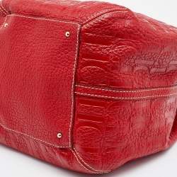 Pre Owned CH Carolina Herrera Red Monogram Embossed Leather Bucket Bag