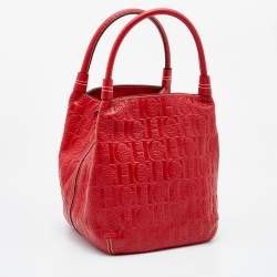 Pre Owned CH Carolina Herrera Red Monogram Embossed Leather Bucket Bag