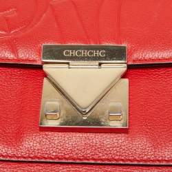 Pre Owned CH Carolina Herrera Red Monogram Leather Flap Top Handle Bag