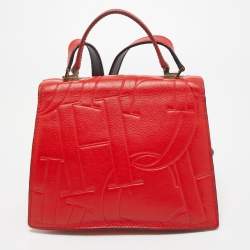 Pre Owned CH Carolina Herrera Red Monogram Leather Flap Top Handle Bag