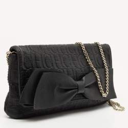 Pre Owned CH Carolina Herrera Black Monogram Embossed Leather Bow Chain Clutch