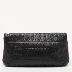 Pre Owned CH Carolina Herrera Black Monogram Embossed Leather Bow Chain Clutch