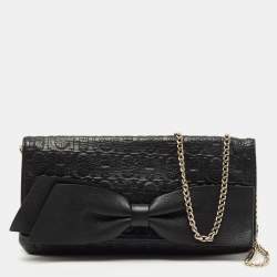 Pre Owned CH Carolina Herrera Black Monogram Embossed Leather Bow Chain Clutch