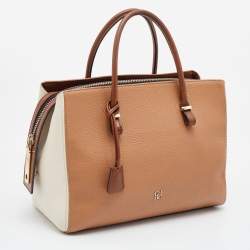 Pre Owned CH Carolina Herrera Brown/Cream Leather Top Zip Tote 