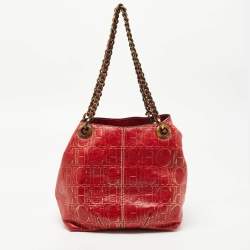 Pre Owned CH Carolina Herrera Red Monogram Embossed Leather Chain Shoulder Bag