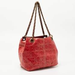 Pre Owned CH Carolina Herrera Red Monogram Embossed Leather Chain Shoulder Bag