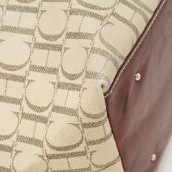 Pre Owned CH Carolina Herrera Off White/Brown Signature Coated Canvas and Leather Shopper Tote