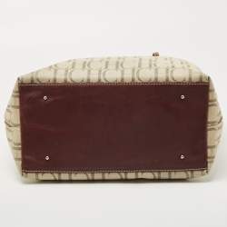 Pre Owned CH Carolina Herrera Off White/Brown Signature Coated Canvas and Leather Shopper Tote