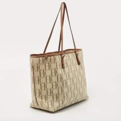 Pre Owned CH Carolina Herrera Off White/Brown Signature Coated Canvas and Leather Shopper Tote