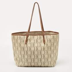 Pre Owned CH Carolina Herrera Off White/Brown Signature Coated Canvas and Leather Shopper Tote