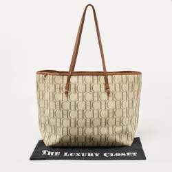 Pre Owned CH Carolina Herrera Off White/Brown Signature Coated Canvas and Leather Shopper Tote