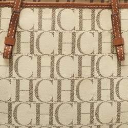 Pre Owned CH Carolina Herrera Off White/Brown Signature Coated Canvas and Leather Shopper Tote