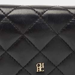Pre Owned CH Carolina Herrera Black Quilted Leather Logo Trifold Wallet
