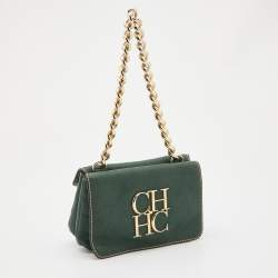 CH Carolina Herrera Green Leather Double Flap Chain Baguette Bag