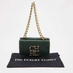 CH Carolina Herrera Green Leather Double Flap Chain Baguette Bag
