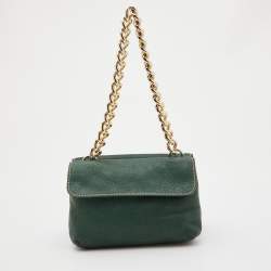 CH Carolina Herrera Green Leather Double Flap Chain Baguette Bag