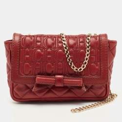 CH Carolina Herrera Red Quilted Leather Monogram Bow Crossbody Bag